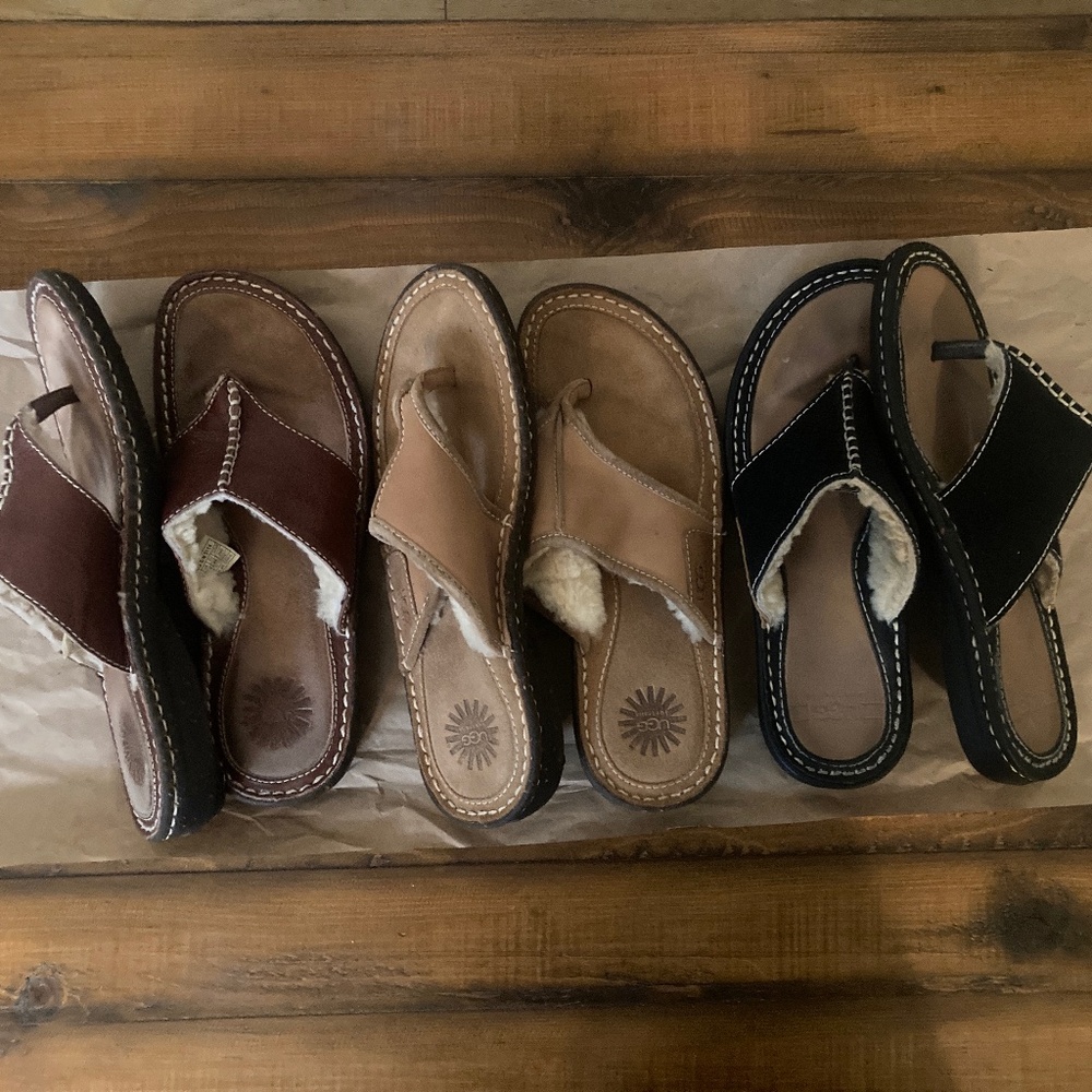EUC sz 8- UGG Layback Tan+Brown Leather +Black Suede Sandals